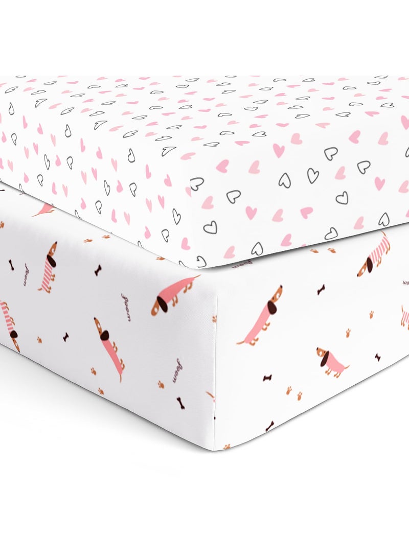 Cotton Baby Crib Fitted Bed Sheets for Cot Organic Twill Fabric Baby Bedding for New Born Infants Toddlers 48x24 Pack of 2 The White Cradle Pink Hearts Pink Poodle