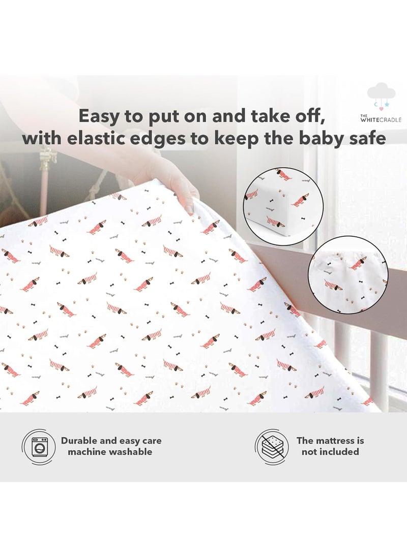 Cotton Baby Crib Fitted Bed Sheets for Cot Organic Twill Fabric Baby Bedding for New Born Infants Toddlers 48x24 Pack of 2 The White Cradle Pink Hearts Pink Poodle
