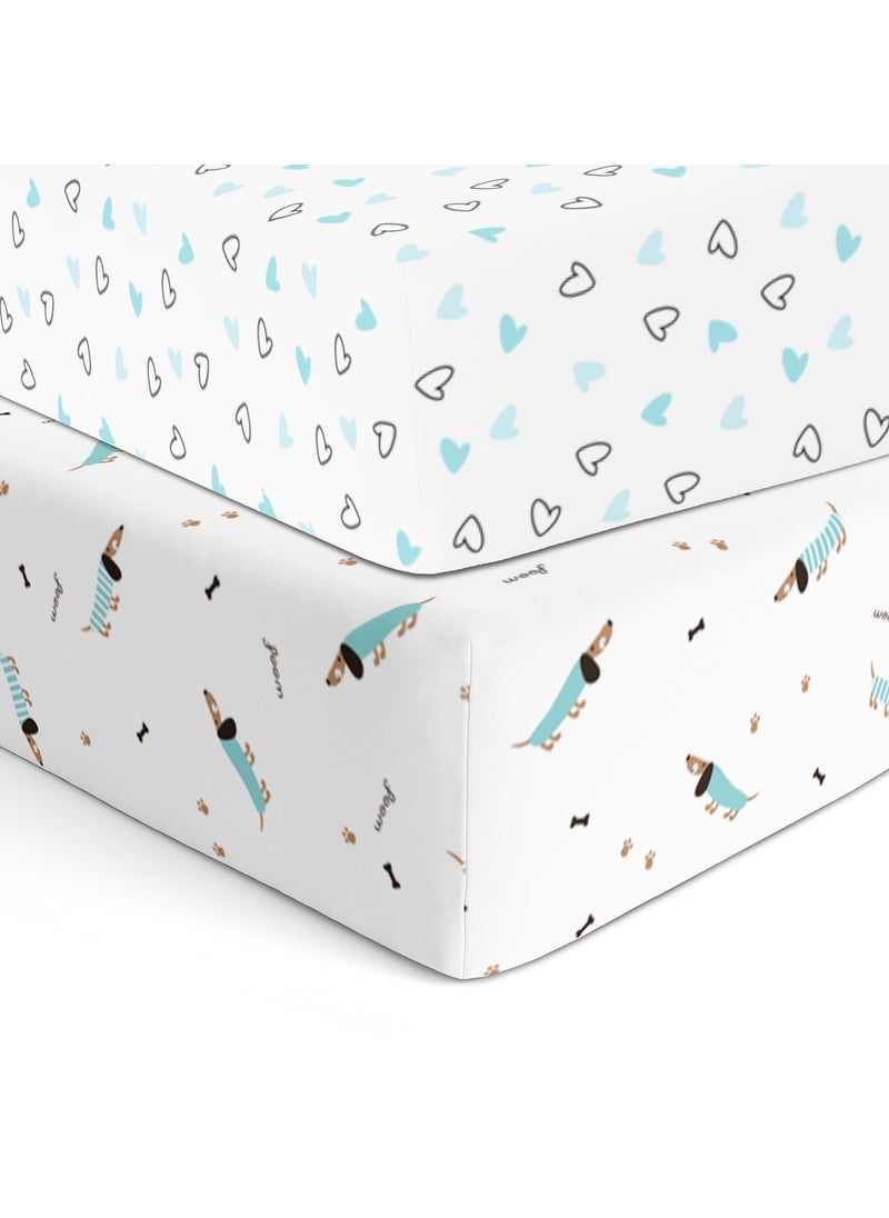 Cotton Baby Crib Fitted Bed Sheets for Cot Organic Twill Fabric Baby Bedding for New Born Infants Toddlers 48x24 Pack of 2 The White Cradle Blue Hearts Blue Poodle