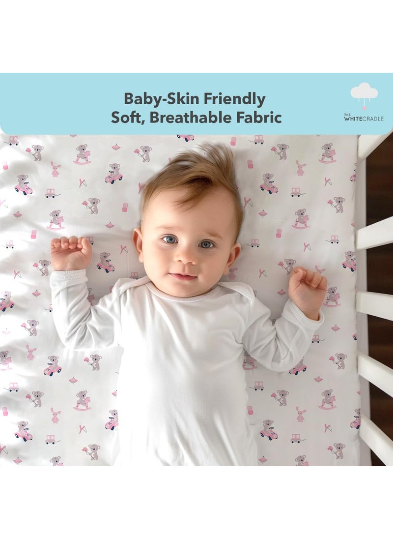 Cotton Baby Crib Fitted Bed Sheets for Cot Organic Twill Fabric Baby Bedding for New Born Infants Toddlers 38x24 Pack of 2 The White Cradle Pink Bear 1 and 2
