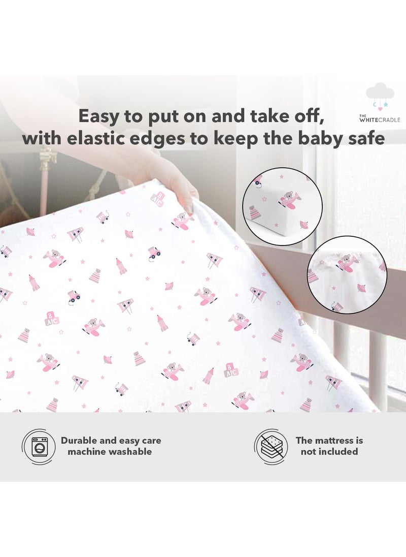 Cotton Baby Crib Fitted Bed Sheets for Cot Organic Twill Fabric Baby Bedding for New Born Infants Toddlers 38x24 Pack of 2 The White Cradle Pink Bear 1 and 2