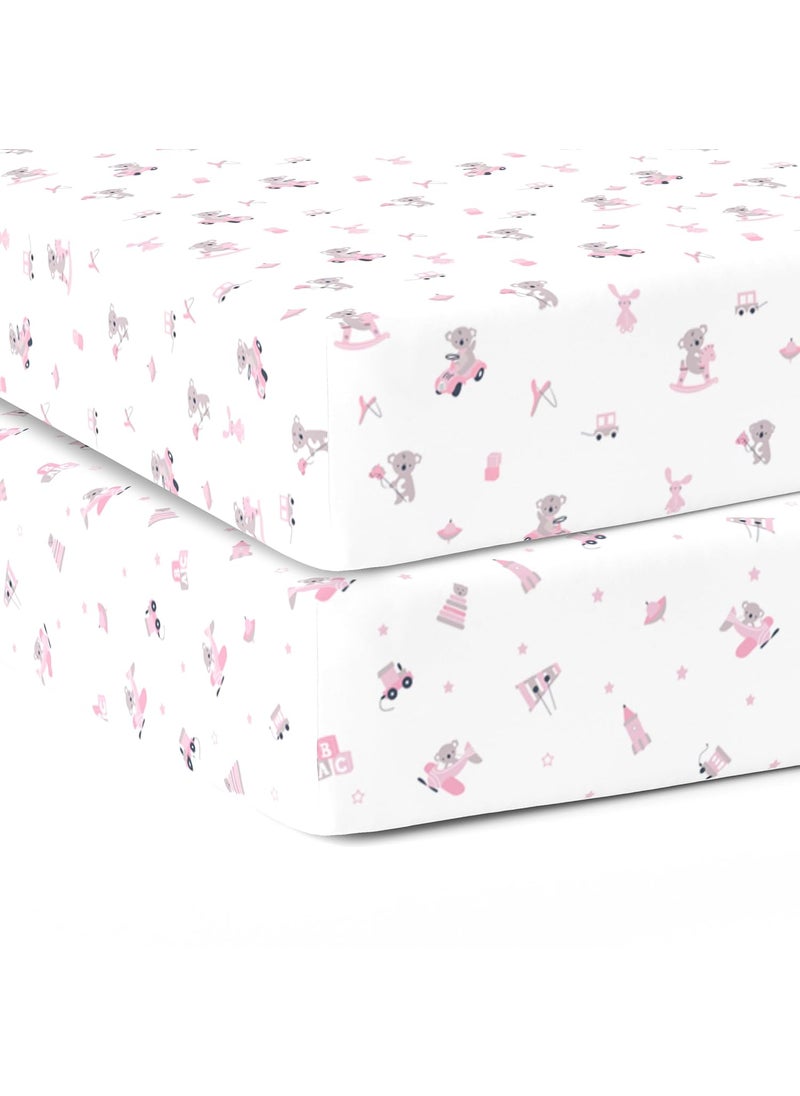 Cotton Baby Crib Fitted Bed Sheets for Cot Organic Twill Fabric Baby Bedding for New Born Infants Toddlers 38x24 Pack of 2 The White Cradle Pink Bear 1 and 2
