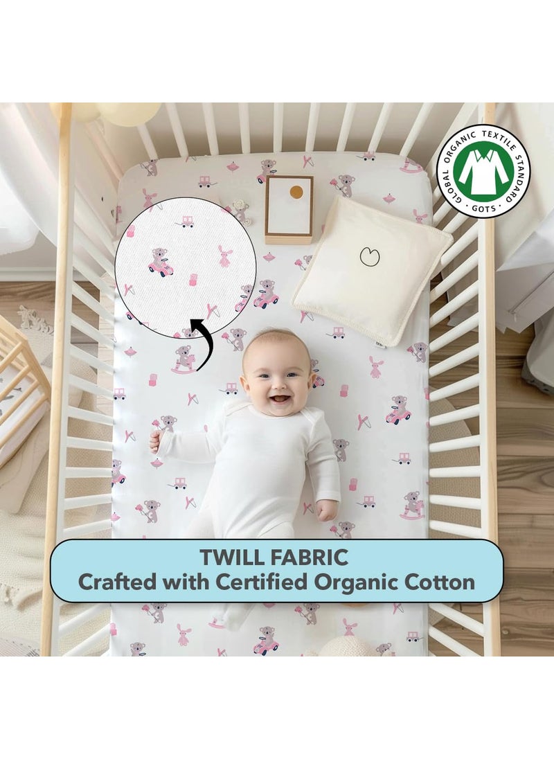 Cotton Baby Crib Fitted Bed Sheets for Cot Organic Twill Fabric Baby Bedding for New Born Infants Toddlers 38x24 Pack of 2 The White Cradle Pink Bear 1 and 2