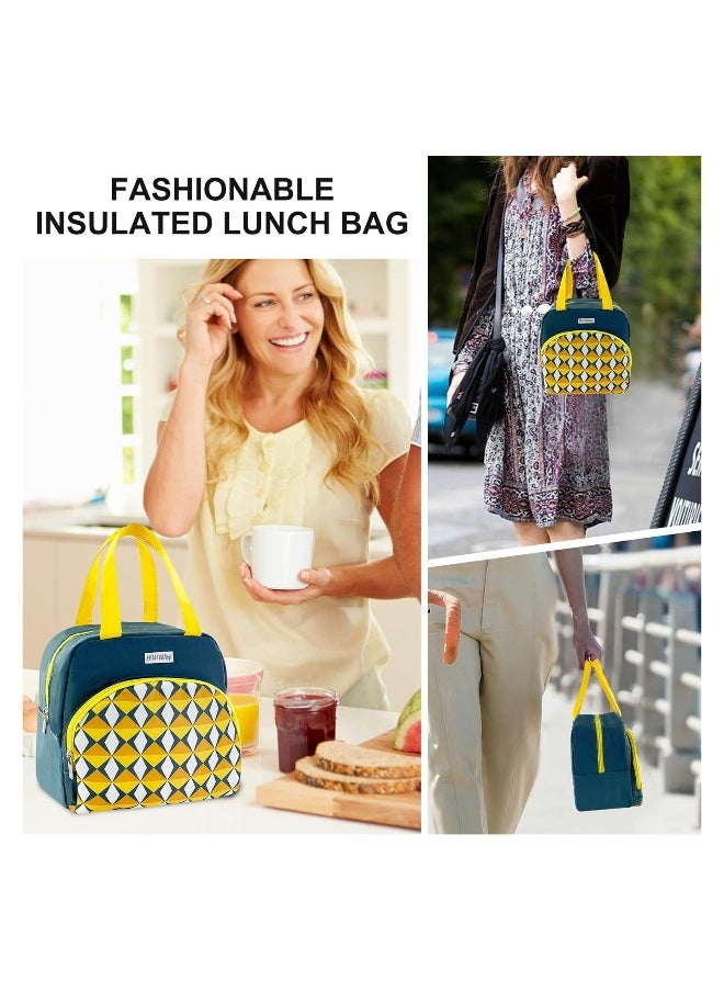 Reusable Lunch Bags, Stylish Lunch Tote - Geometric Design, Insulated Handbag for Women/Men - Reusable, Leakproof, Waterproof Lunch Box for Work/Office/Picnic/Travel (Dark Green)