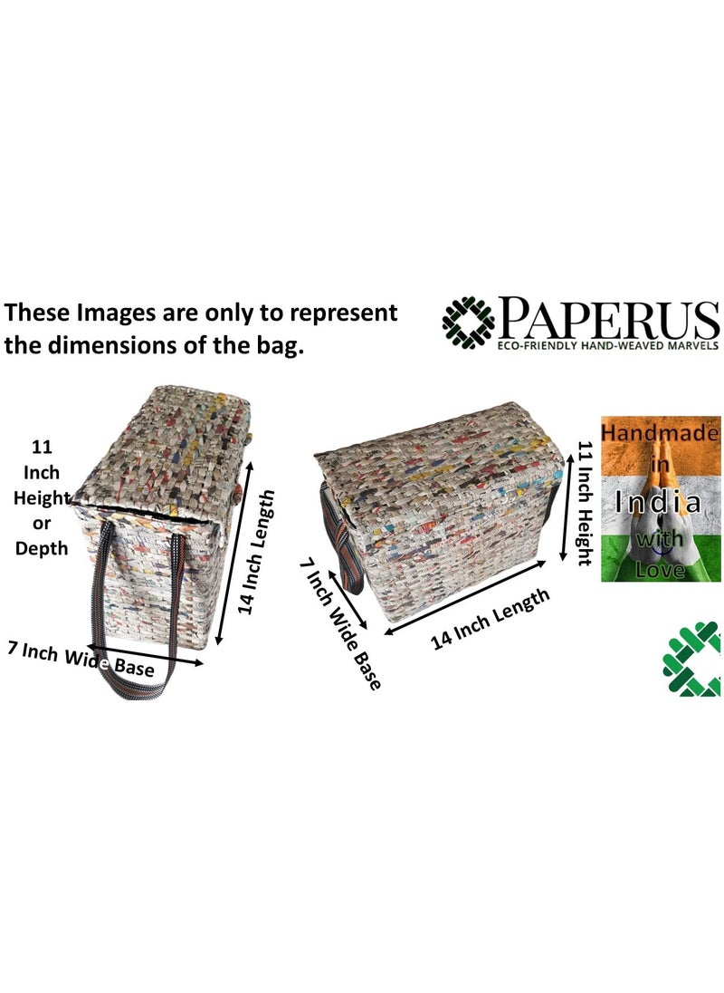 Paperus Sonas Creation Natural Large Lunch Bag with a Cover Tiffin Basket with a Lid Picnic Basket EcoFriendly Handmade of Paper Ropes Size in Inches Height 11 Length 14 7 Wide Base