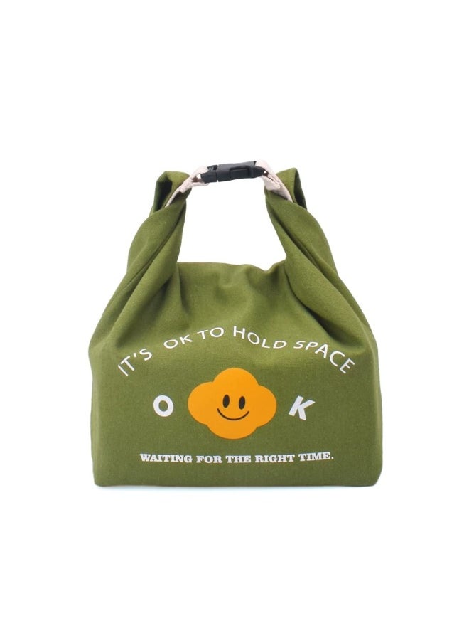 Reusable Lunch Bag Insulated Handbag Smile Tote bag with Handle for Women Work Picnic or Travel (Olive Green)