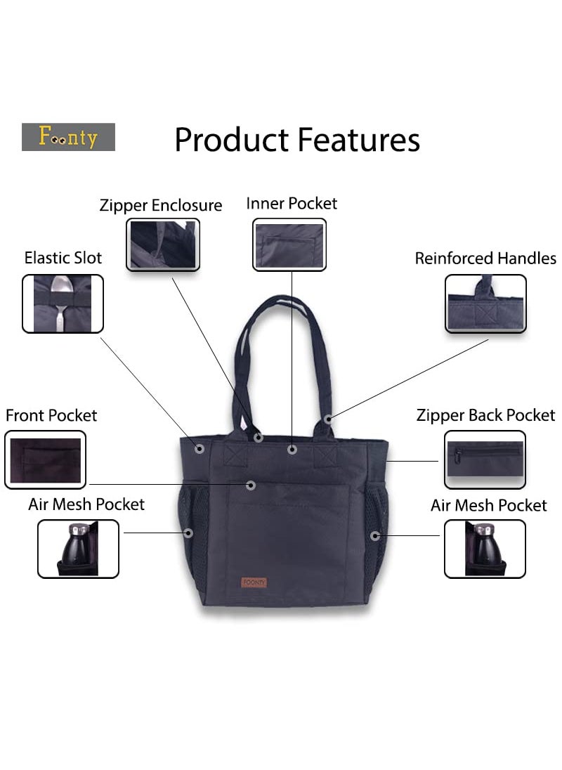 FOONTY Lunch Bag for Men and Women Wide Open Lunch Tote for Office Picnic and GroceryFFFLB9024ABlack