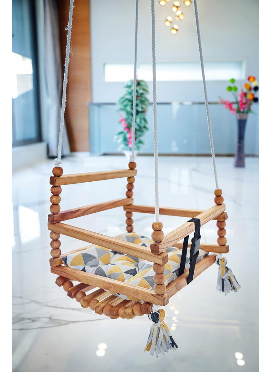 Nimit Baby Swing Seat with Safety Belt Hanging Indoor Outdoor Kids Swing Jhula Wooden Sticks Single Seater Swing for 5 to 10 Years Kids for Home Hammock Balcony Tree and Garden Seaside Beach