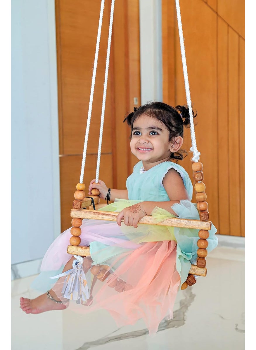 Nimit Baby Swing Seat with Safety Belt Hanging Indoor Outdoor Kids Swing Jhula Wooden Sticks Single Seater Swing for 5 to 10 Years Kids for Home Hammock Balcony Tree and Garden Seaside Beach