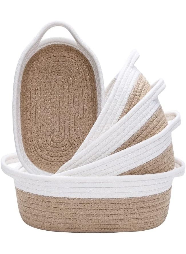 F R Creation 5Piece Rectangle Natural Cotton Rope Woven Baskets for Organizing Small Basket for Baby Nursery Dog Toy Baskets Cat Toy Box Bathroom set White and beige