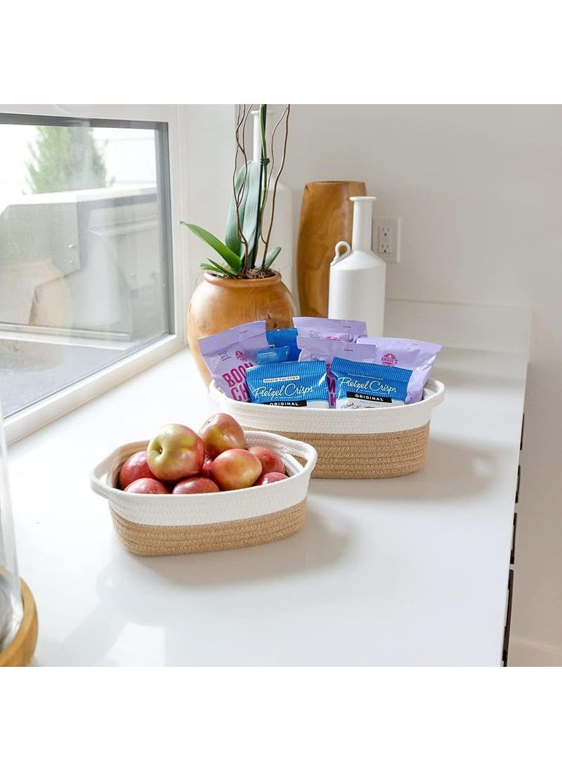 F R Creation 5Piece Rectangle Natural Cotton Rope Woven Baskets for Organizing Small Basket for Baby Nursery Dog Toy Baskets Cat Toy Box Bathroom set White and beige