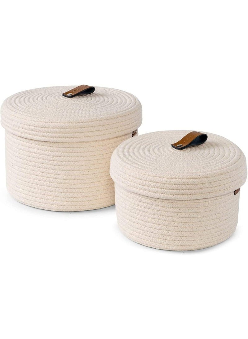 ROYAL TREND Boho Round Mini Rope Paper Storage Jute Woven Shelf Basket Hamper Baby Nursery Tray Bucket Organizer Gifts Set of 2 for Kids ToysFruitsLiving RoomBathroomKitchenOffice Set 2 White