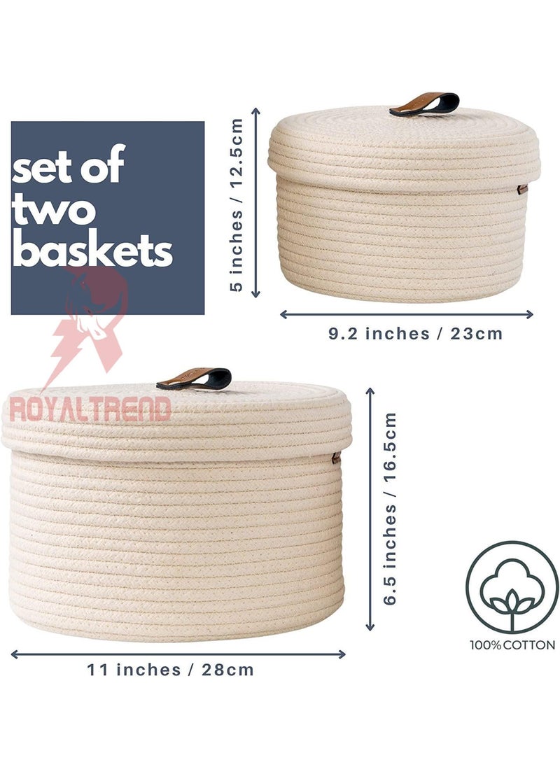 ROYAL TREND Boho Round Mini Rope Paper Storage Jute Woven Shelf Basket Hamper Baby Nursery Tray Bucket Organizer Gifts Set of 2 for Kids ToysFruitsLiving RoomBathroomKitchenOffice Set 2 White