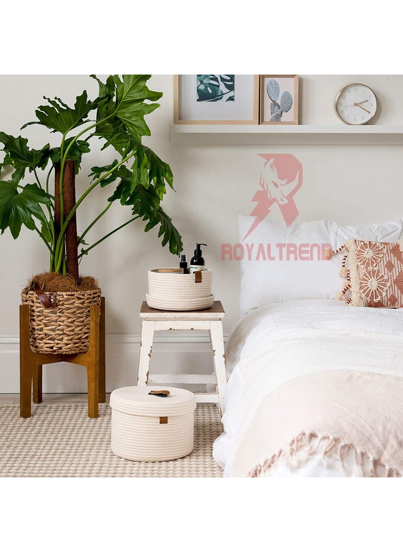 ROYAL TREND Boho Round Mini Rope Paper Storage Jute Woven Shelf Basket Hamper Baby Nursery Tray Bucket Organizer Gifts Set of 2 for Kids ToysFruitsLiving RoomBathroomKitchenOffice Set 2 White
