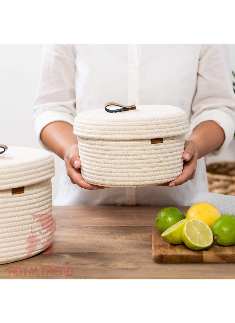 ROYAL TREND Boho Round Mini Rope Paper Storage Jute Woven Shelf Basket Hamper Baby Nursery Tray Bucket Organizer Gifts Set of 2 for Kids ToysFruitsLiving RoomBathroomKitchenOffice Set 2 White