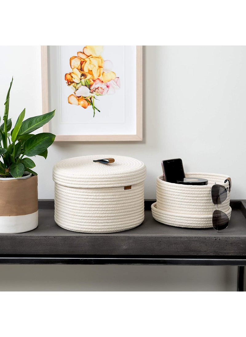 GRATIFY HOME boho round mini rope paper storage jute woven Shelf basket hamper baby nursery tray bucket organizer gifts set of 2 for kids toysfruitsliving roombathroomkitchenoffice set 2 white