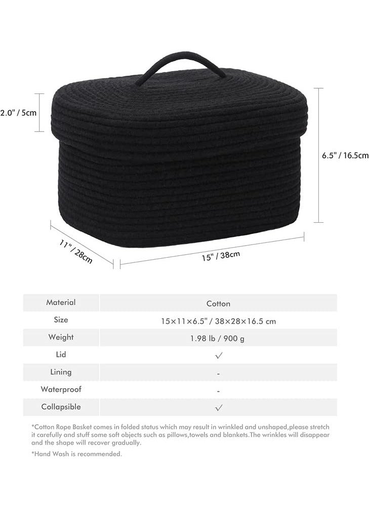 MANSA TRADERS Oval Cotton Rope Storage Basket with Lid Lidded Woven Storage Bin Nursery Storage Container Diaper Caddy Baby Shower Basket Box Organizer 15 x 11 x 65 Inches Medium Black
