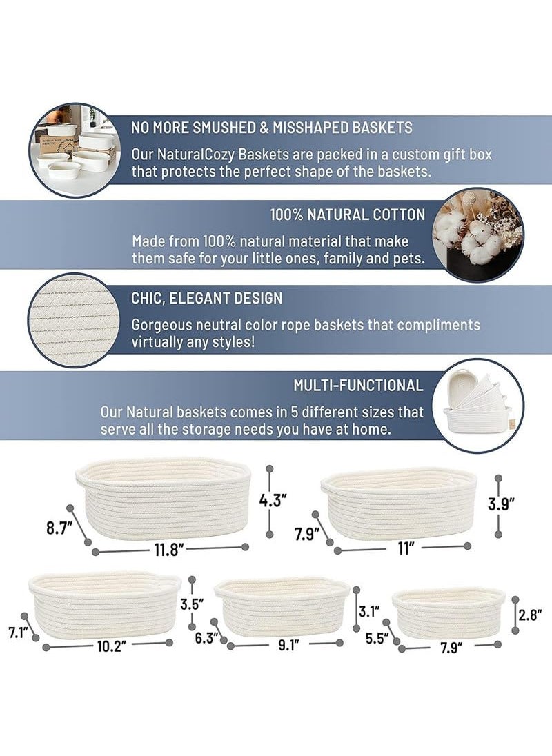 F R Creation 5Piece Rectangle Storage Basket Set Natural Cotton Rope Woven Baskets for Organizing Small Basket for Baby Nursery Dog Toy Baskets Cat Toy Box Bathroom set White
