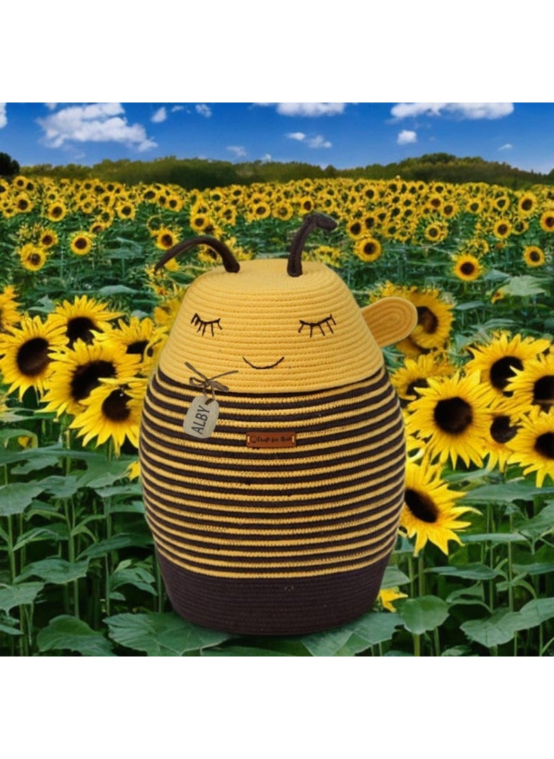 Alby Decorative Bumble Bee Storage Container Large Handmade Woven Rope Basket with Cute Face Design Yellow and Black Striped Organizer for Toys Clothes and Home Dcor