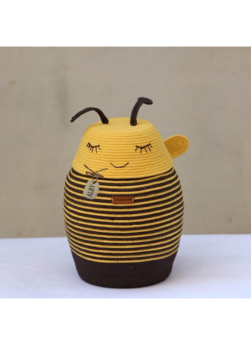 Alby Decorative Bumble Bee Storage Container Large Handmade Woven Rope Basket with Cute Face Design Yellow and Black Striped Organizer for Toys Clothes and Home Dcor