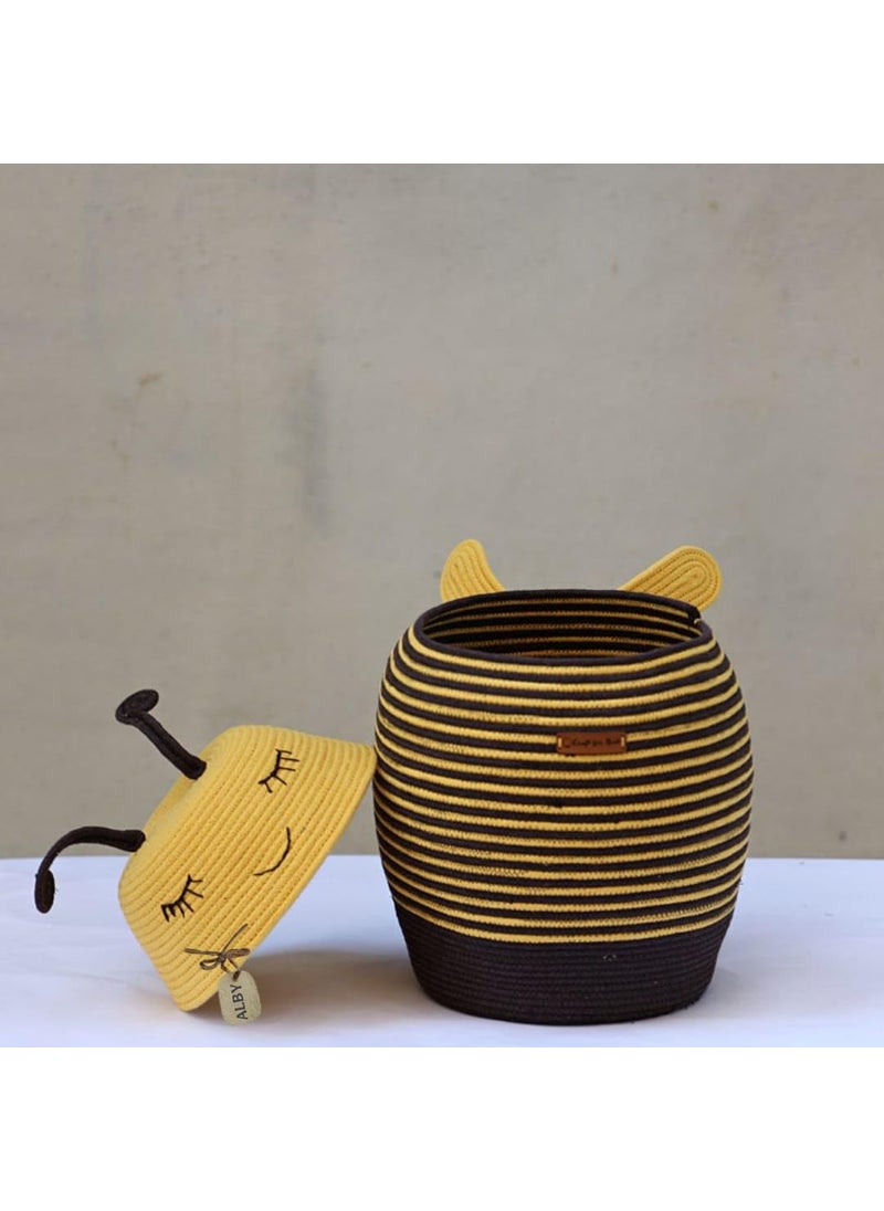 Alby Decorative Bumble Bee Storage Container Large Handmade Woven Rope Basket with Cute Face Design Yellow and Black Striped Organizer for Toys Clothes and Home Dcor