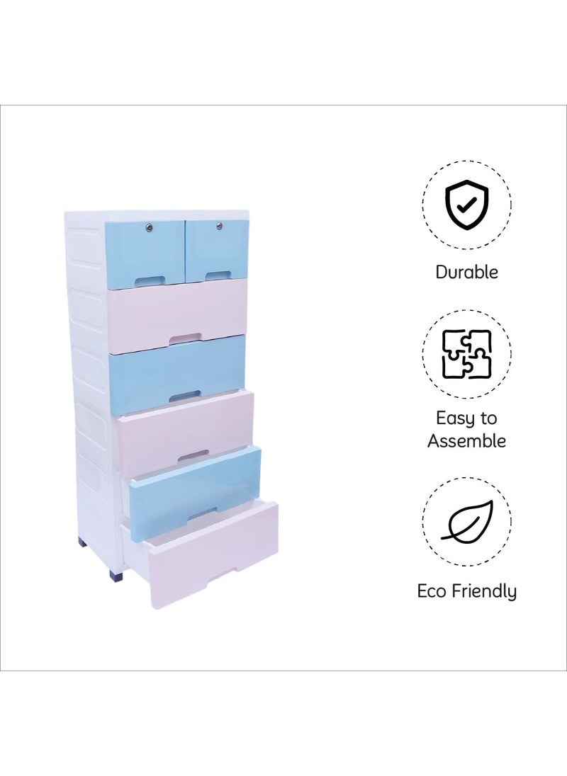 The Tickle Toe Plastic Chest of Drawer For Kids With 7 DrawersMultipurpose OrganizerDresser Storage For Small Clothing Toys With 2 LocksPortableL51xW33xH121Cm4 Blue 3 Pink glossy