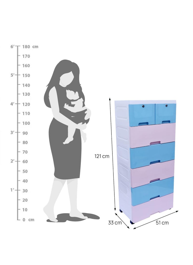 The Tickle Toe Plastic Chest of Drawer For Kids With 7 DrawersMultipurpose OrganizerDresser Storage For Small Clothing Toys With 2 LocksPortableL51xW33xH121Cm4 Blue 3 Pink glossy