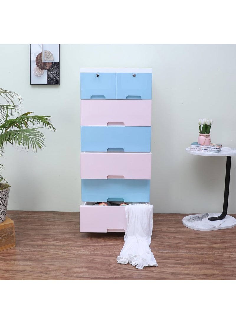 The Tickle Toe Plastic Chest of Drawer For Kids With 7 DrawersMultipurpose OrganizerDresser Storage For Small Clothing Toys With 2 LocksPortableL51xW33xH121Cm4 Blue 3 Pink glossy