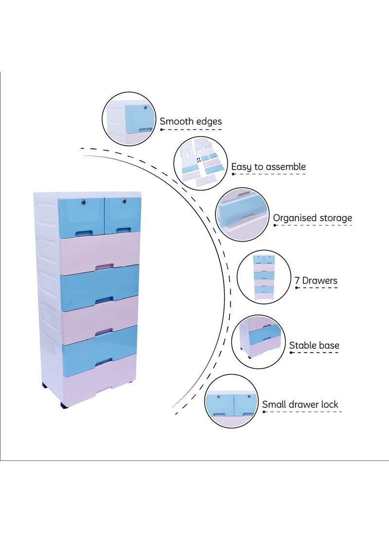 The Tickle Toe Plastic Chest of Drawer For Kids With 7 DrawersMultipurpose OrganizerDresser Storage For Small Clothing Toys With 2 LocksPortableL51xW33xH121Cm4 Blue 3 Pink glossy