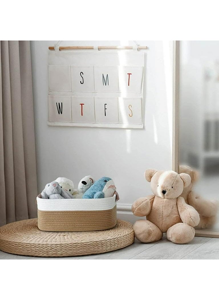 THDE Rectangle Jute Rope Woven Basket with Handles for Books Magazines Toys Decorative Rectangle Basket for Baby Nursery Living Room Bathroom brown white15 x 98 x 7inches Brown