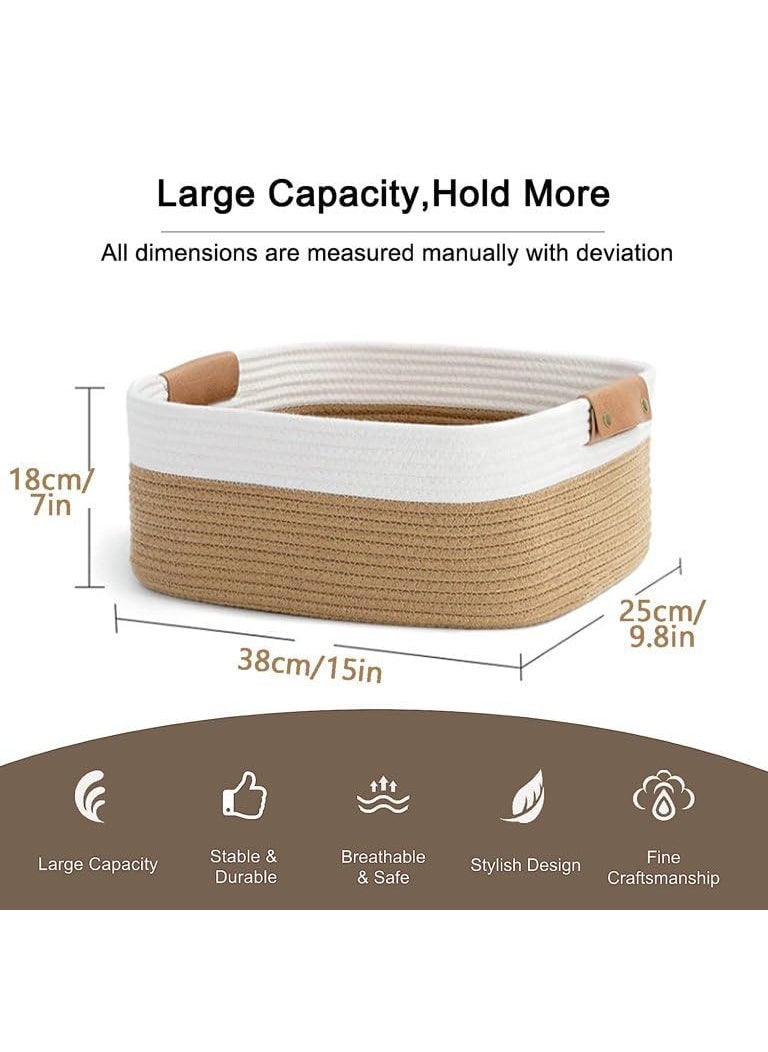 THDE Rectangle Jute Rope Woven Basket with Handles for Books Magazines Toys Decorative Rectangle Basket for Baby Nursery Living Room Bathroom brown white15 x 98 x 7inches Brown