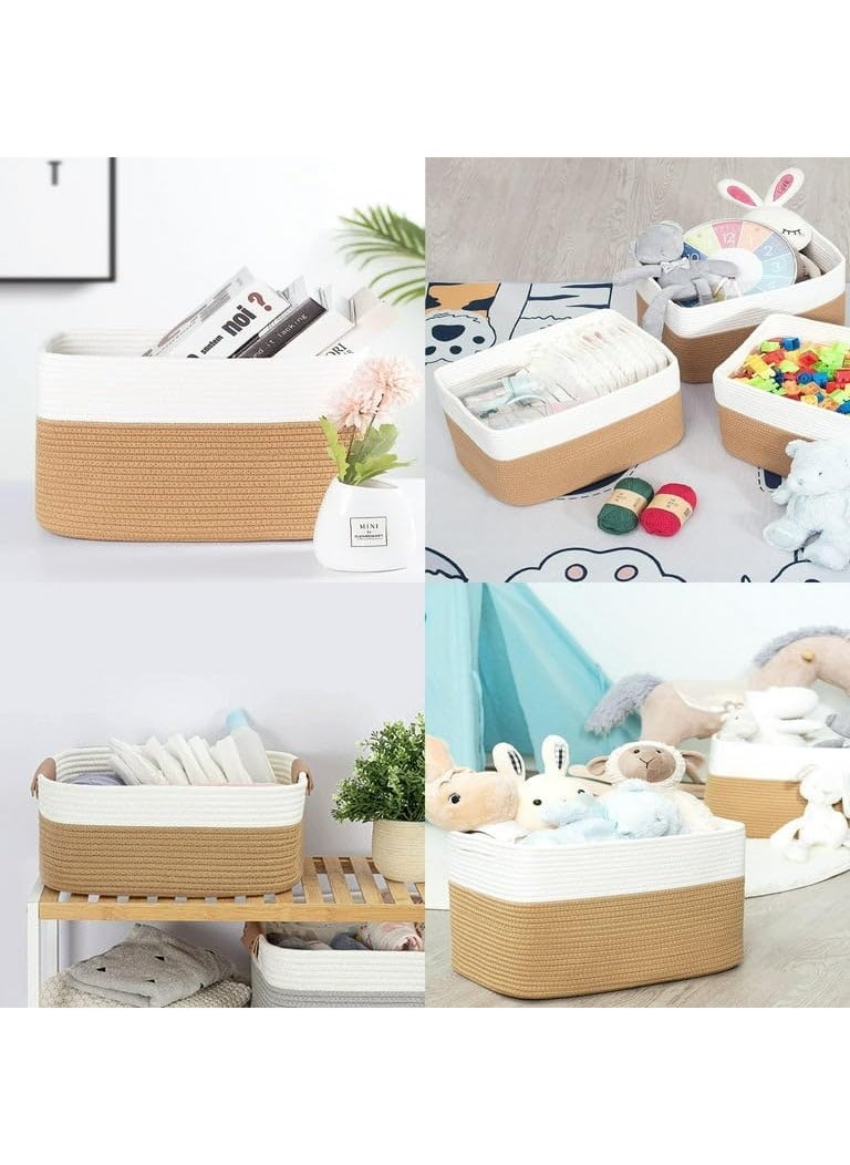 THDE Rectangle Jute Rope Woven Basket with Handles for Books Magazines Toys Decorative Rectangle Basket for Baby Nursery Living Room Bathroom brown white15 x 98 x 7inches Brown