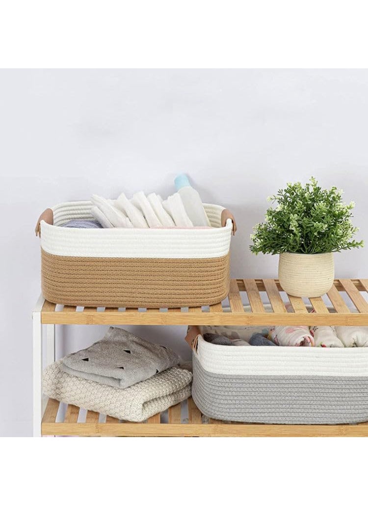 THDE Rectangle Jute Rope Woven Basket with Handles for Books Magazines Toys Decorative Rectangle Basket for Baby Nursery Living Room Bathroom brown white15 x 98 x 7inches Brown