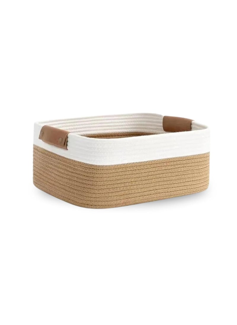 THDE Rectangle Jute Rope Woven Basket with Handles for Books Magazines Toys Decorative Rectangle Basket for Baby Nursery Living Room Bathroom brown white15 x 98 x 7inches Brown