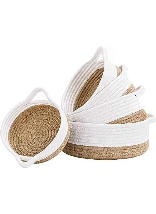 Gleckn Small Woven Storage Shelf Baskets Set Of 5 Cotton Rope Basket For Organizing Keys Black Towel Basket For Bathroom Baby Basket For Nursery Empty Gift Basket White Camel