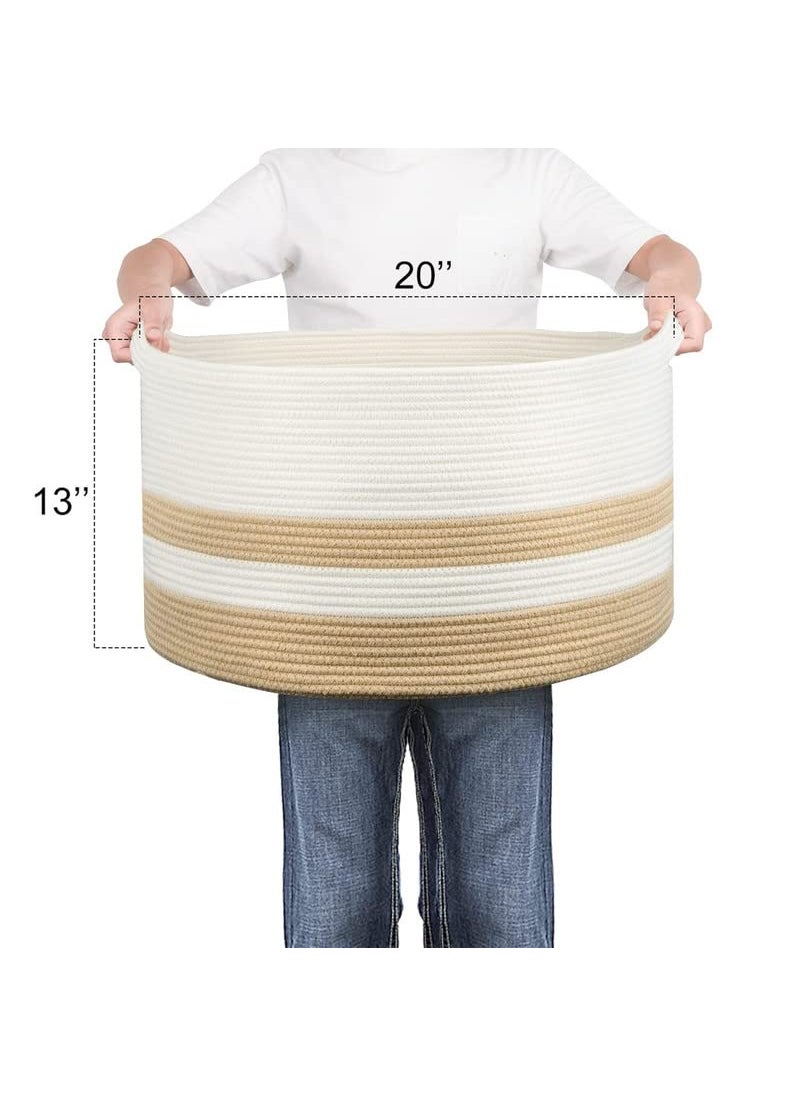 GRATIFY Cotton Rope Basket with Handle for Baby Laundry Toy Blanket Storage Woven Jute Mix White 13 20