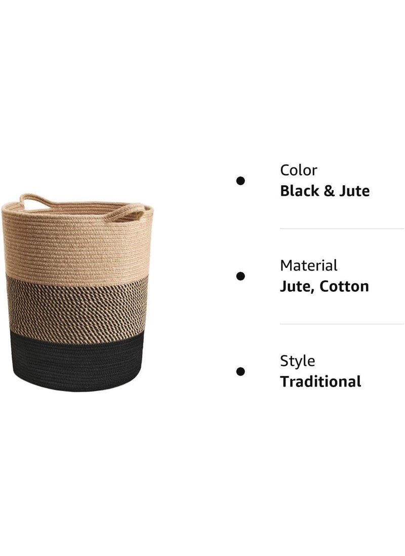 ALBY 17 x 15 x 13 inche Laundry Basket Thread Cotton Rope Basket Toy Storage Basket Organizer Tall Woven Basket Storage Baby Laundry Nursery Hamper for Living Room Toy Gifts BLACK JUTE