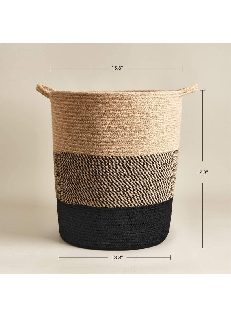 ALBY 17 x 15 x 13 inche Laundry Basket Thread Cotton Rope Basket Toy Storage Basket Organizer Tall Woven Basket Storage Baby Laundry Nursery Hamper for Living Room Toy Gifts BLACK JUTE
