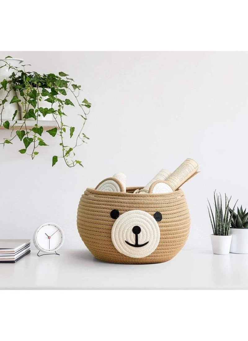 DOLCE CASA Kids Lid Basket With Beautiful Characters Rope Storage Basket For Baby Diaper Stuffed Animal Storage Bin Rope Basket For Kids Toy Baby Laundry Baskets with Lid Woven BasketBearBrown
