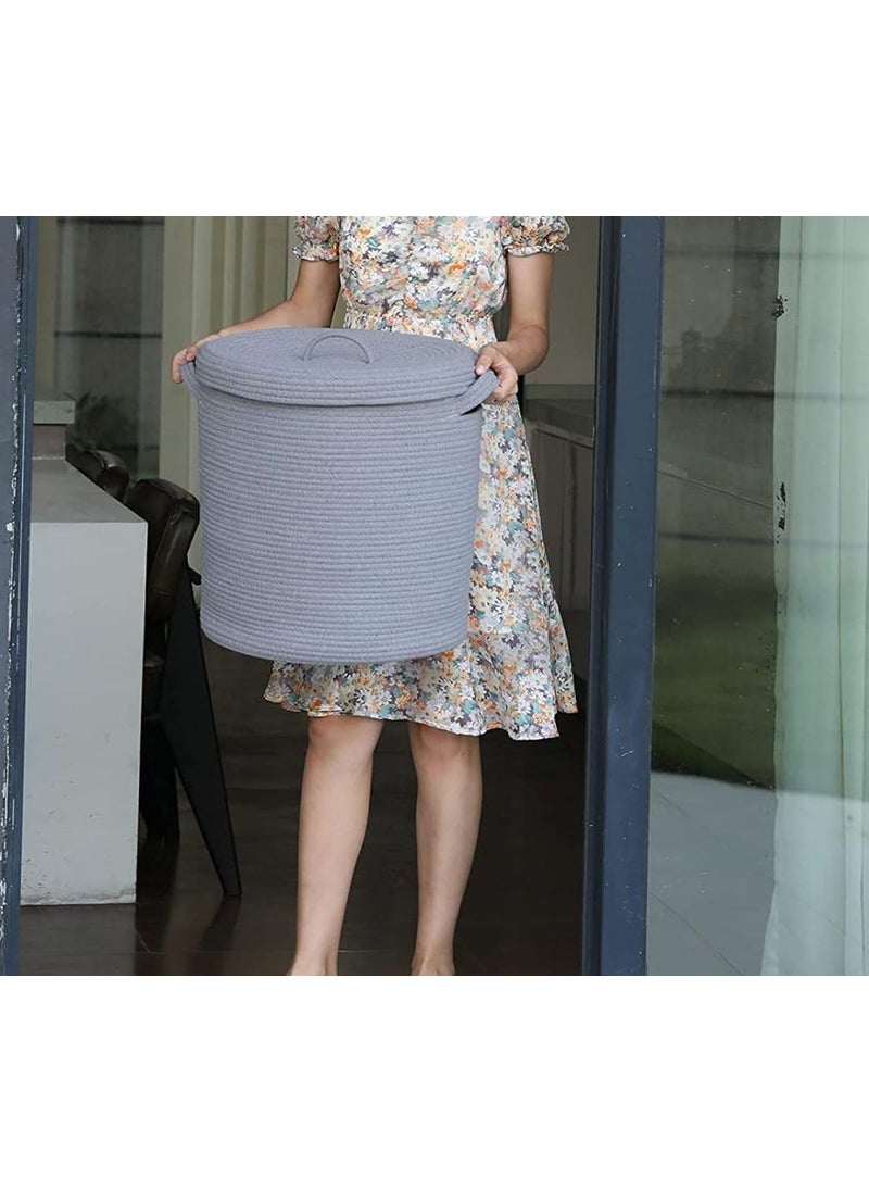 GRATIFY Large Storage Basket with Lid Cotton Rope Storage Baskets Laundry Hamper Toy Bin Toys Blankets Pillows Storage in Living Room Baby Nursery 10 x 10 x 12 Grey Balti