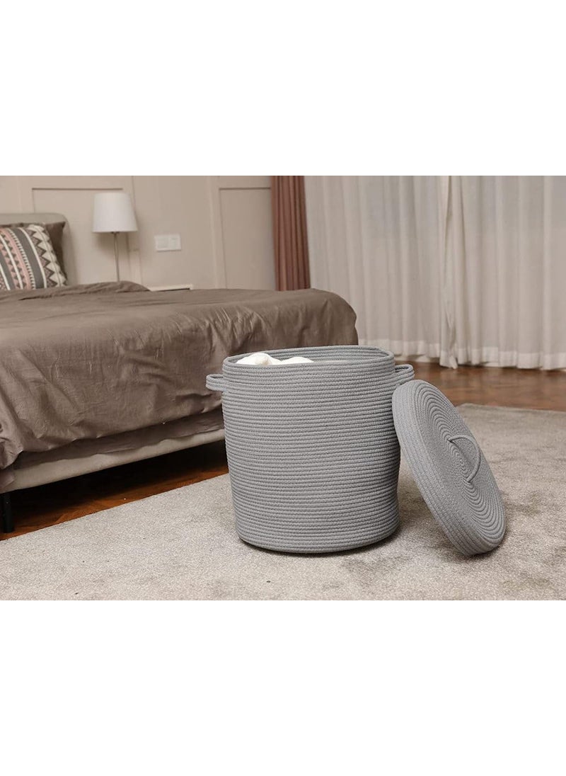 GRATIFY Large Storage Basket with Lid Cotton Rope Storage Baskets Laundry Hamper Toy Bin Toys Blankets Pillows Storage in Living Room Baby Nursery 10 x 10 x 12 Grey Balti