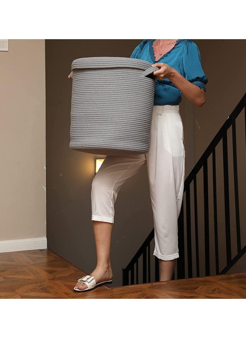 GRATIFY Large Storage Basket with Lid Cotton Rope Storage Baskets Laundry Hamper Toy Bin Toys Blankets Pillows Storage in Living Room Baby Nursery 10 x 10 x 12 Grey Balti