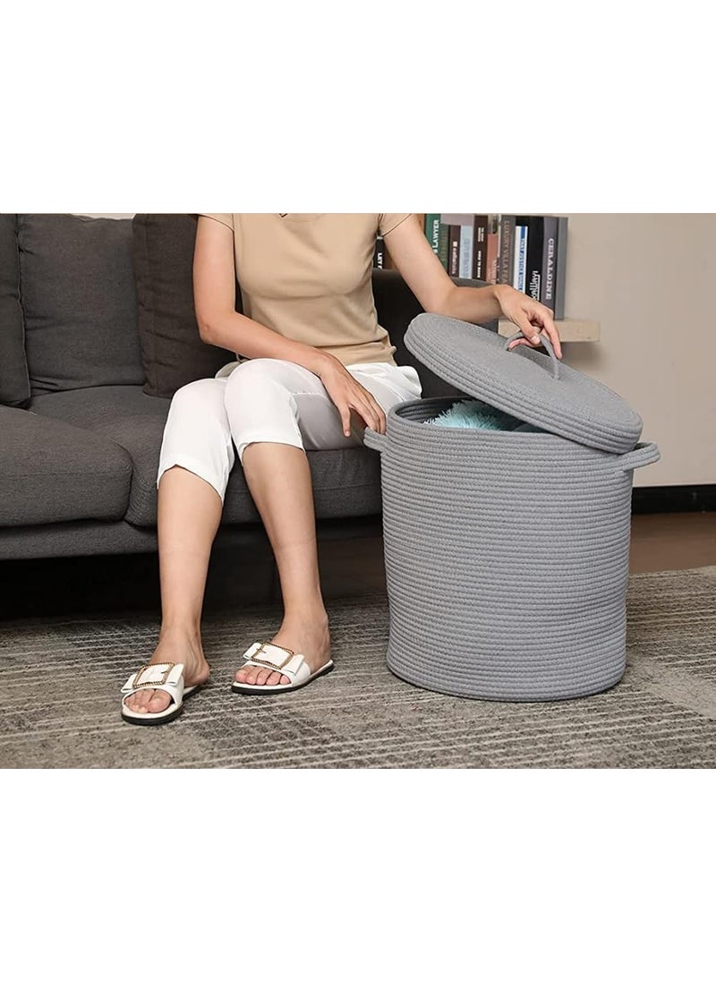 GRATIFY Large Storage Basket with Lid Cotton Rope Storage Baskets Laundry Hamper Toy Bin Toys Blankets Pillows Storage in Living Room Baby Nursery 10 x 10 x 12 Grey Balti