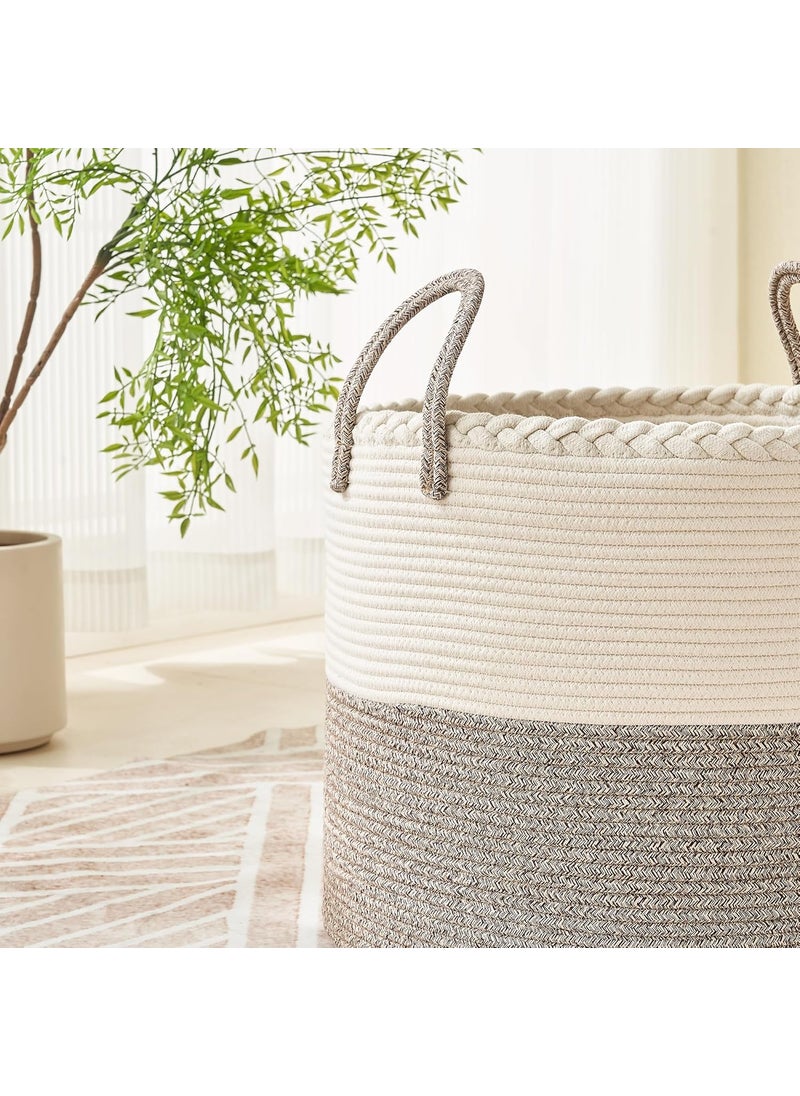 KAKAMAY Large Blanket Basket 18x18x16Woven Baby Laundry Hamper for Storage Cotton Rope Blankets Baskets for Nursery Laundry Living Room Pillows Baby Toy chest with Handles WhiteBeige