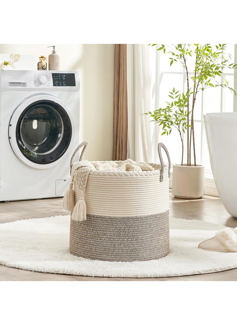 KAKAMAY Large Blanket Basket 18x18x16Woven Baby Laundry Hamper for Storage Cotton Rope Blankets Baskets for Nursery Laundry Living Room Pillows Baby Toy chest with Handles WhiteBeige