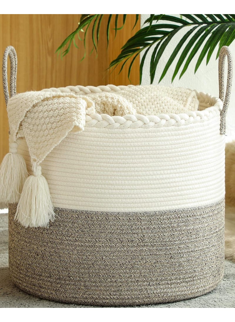 KAKAMAY Large Blanket Basket 18x18x16Woven Baby Laundry Hamper for Storage Cotton Rope Blankets Baskets for Nursery Laundry Living Room Pillows Baby Toy chest with Handles WhiteBeige