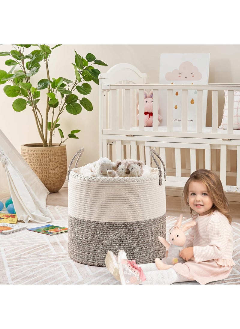 KAKAMAY Large Blanket Basket 18x18x16Woven Baby Laundry Hamper for Storage Cotton Rope Blankets Baskets for Nursery Laundry Living Room Pillows Baby Toy chest with Handles WhiteBeige