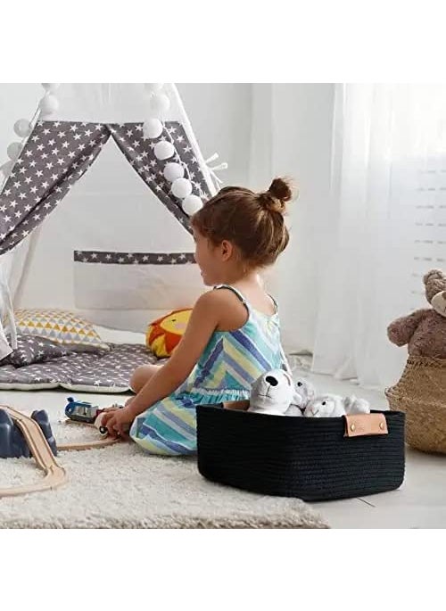 Gleckn Rectangular Storage Organizer Foldable Jute Rope Utility Laundry Basket Baby Bucket Hamper For GiftsKitchenLiving RoomBathroomOffice Set PlanterDirty Cloth Pack Of 1 Black
