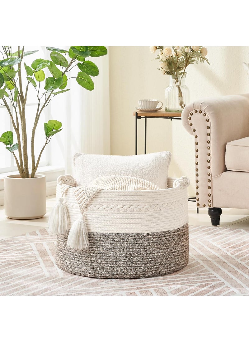 KAKAMAY Large Blanket Basket 20x13Woven Baskets for storage Baby Laundry Hamper Cotton Rope Blanket Basket for Living Room Laundry Nursery Pillows Baby Toy chest WhiteBeige