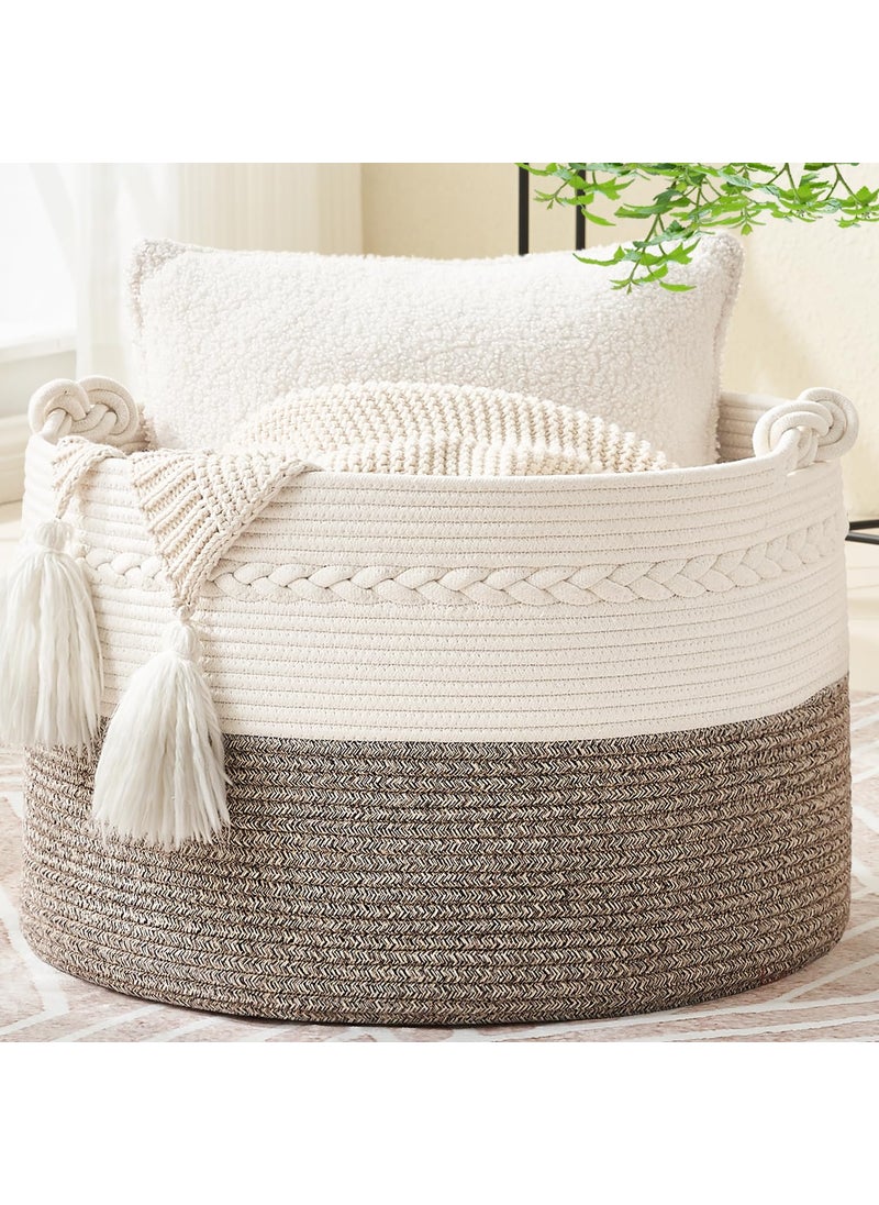 KAKAMAY Large Blanket Basket 20x13Woven Baskets for storage Baby Laundry Hamper Cotton Rope Blanket Basket for Living Room Laundry Nursery Pillows Baby Toy chest WhiteBeige